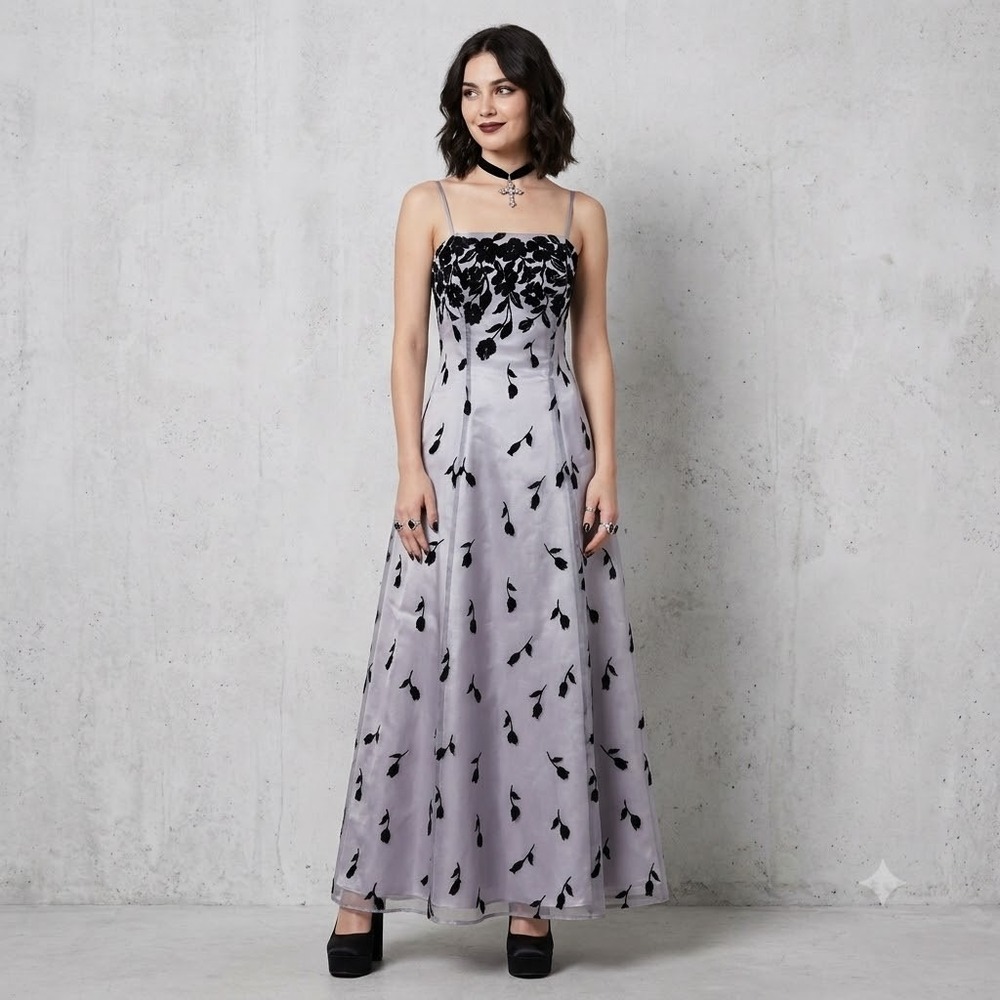 Steppin Out Maxi Dress Women 7/8 Silver Black Velvet Floral 90s Vintage Boning
